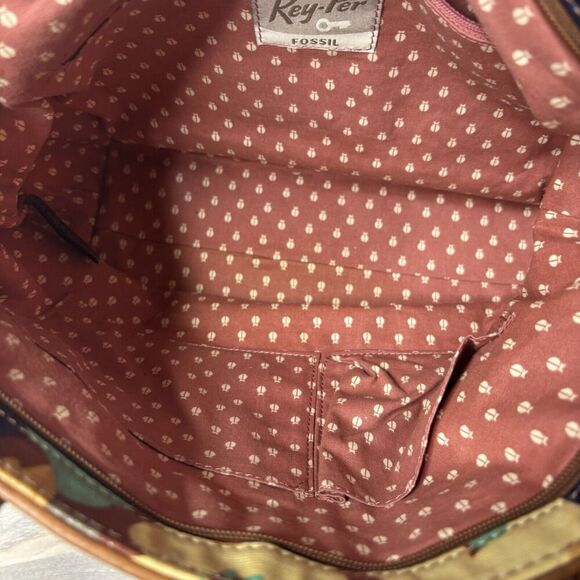 Fossil Key Per Coated Canvas Purse Tote Hand Bag Retro 70s Floral Brown Leather - Picture 10 of 12